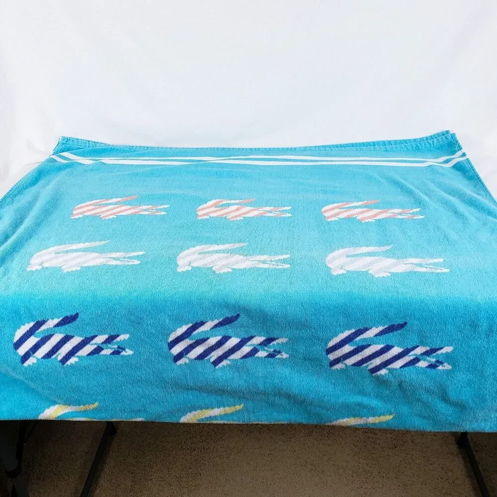 Lacoste Alligator Logo Print Beach Towel Teal Blue 100% Cotton 66